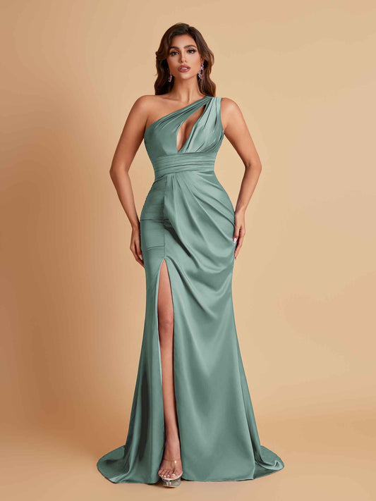 Sexy One Shoulder Soft Satin Side Slit Floor-Length Mermaid Bridesmaid Dresses
