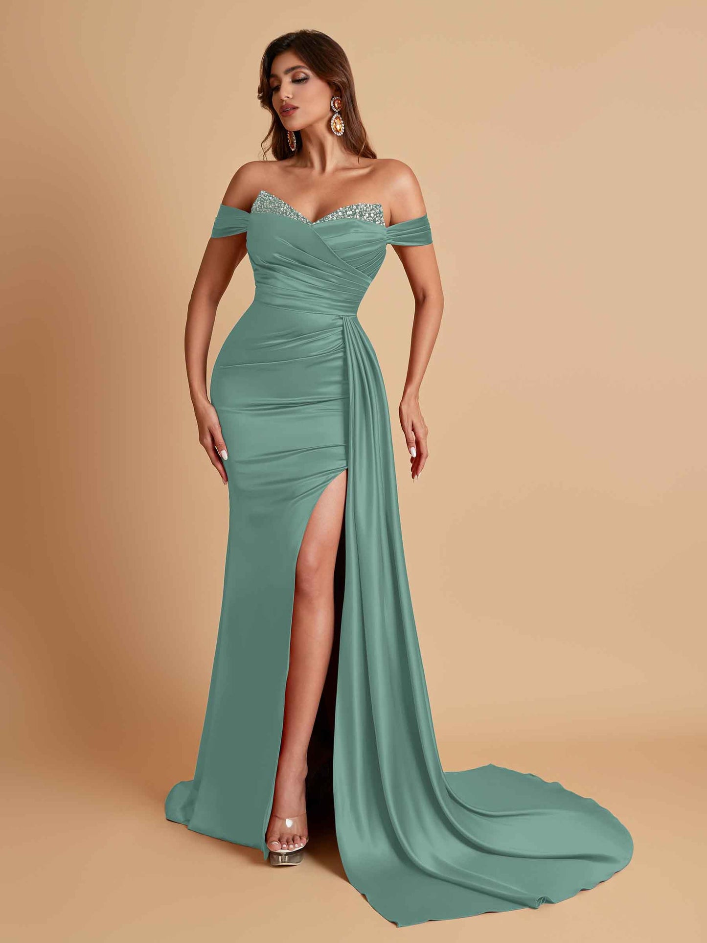 Gorgeous Soft Satin V-neck Off-the-Shoulder Side-Slit Mermaid Bridesmaid Dresses