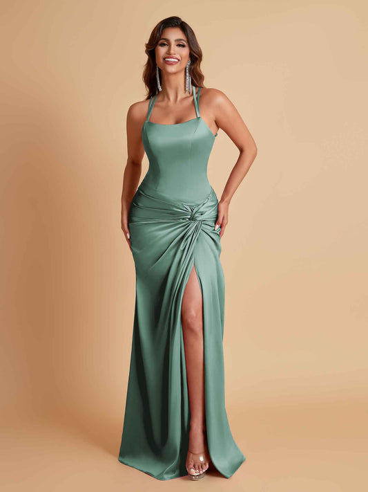 Gorgeous Square Criss Cross Soft Satin Side Slit Floor-Length Mermaid Bridesmaid Dresses