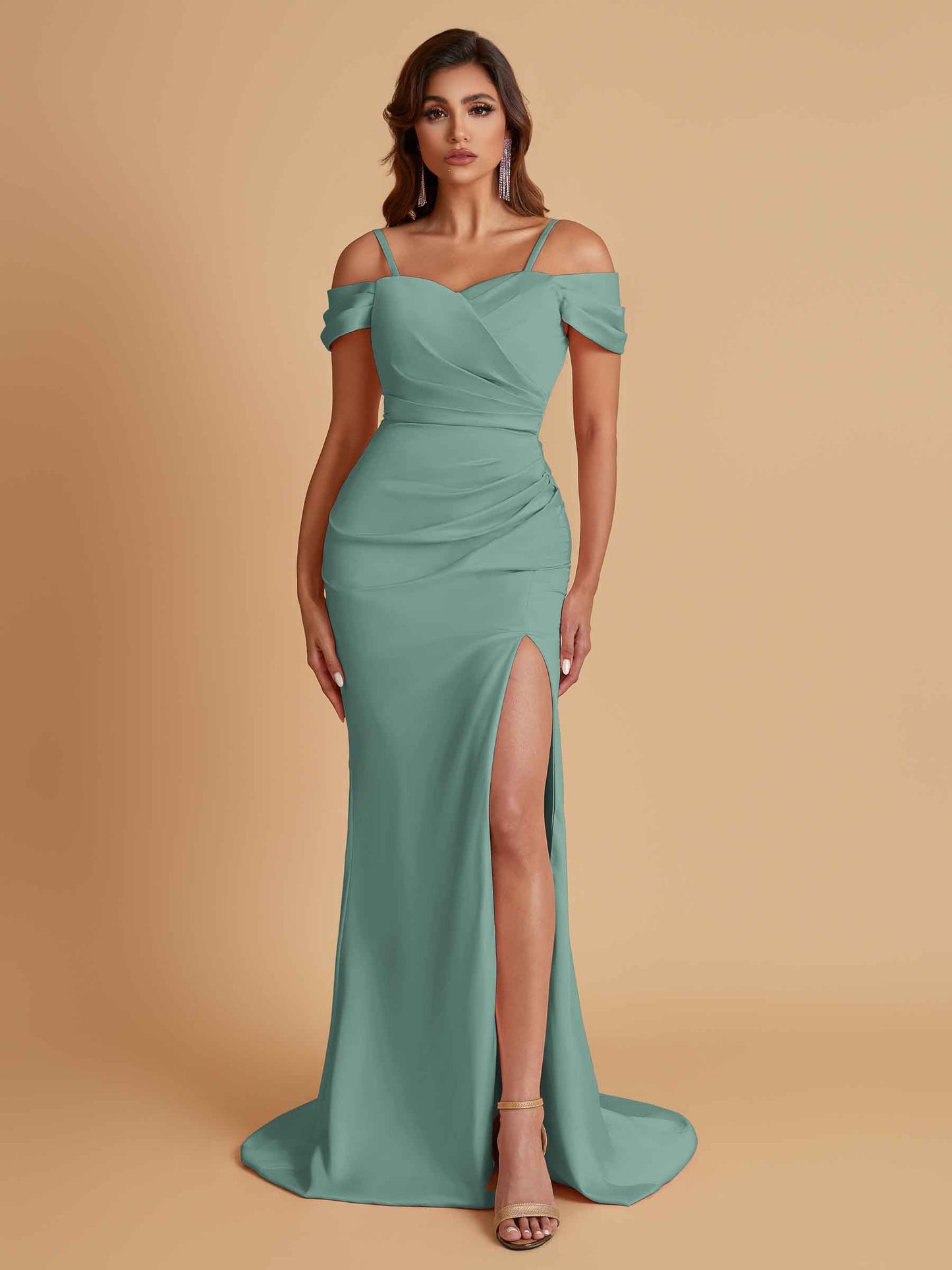 Sexy Soft Satin Mermaid Cold Shoulder Side Slit Floor-Length Bridesmaid Dresses Online