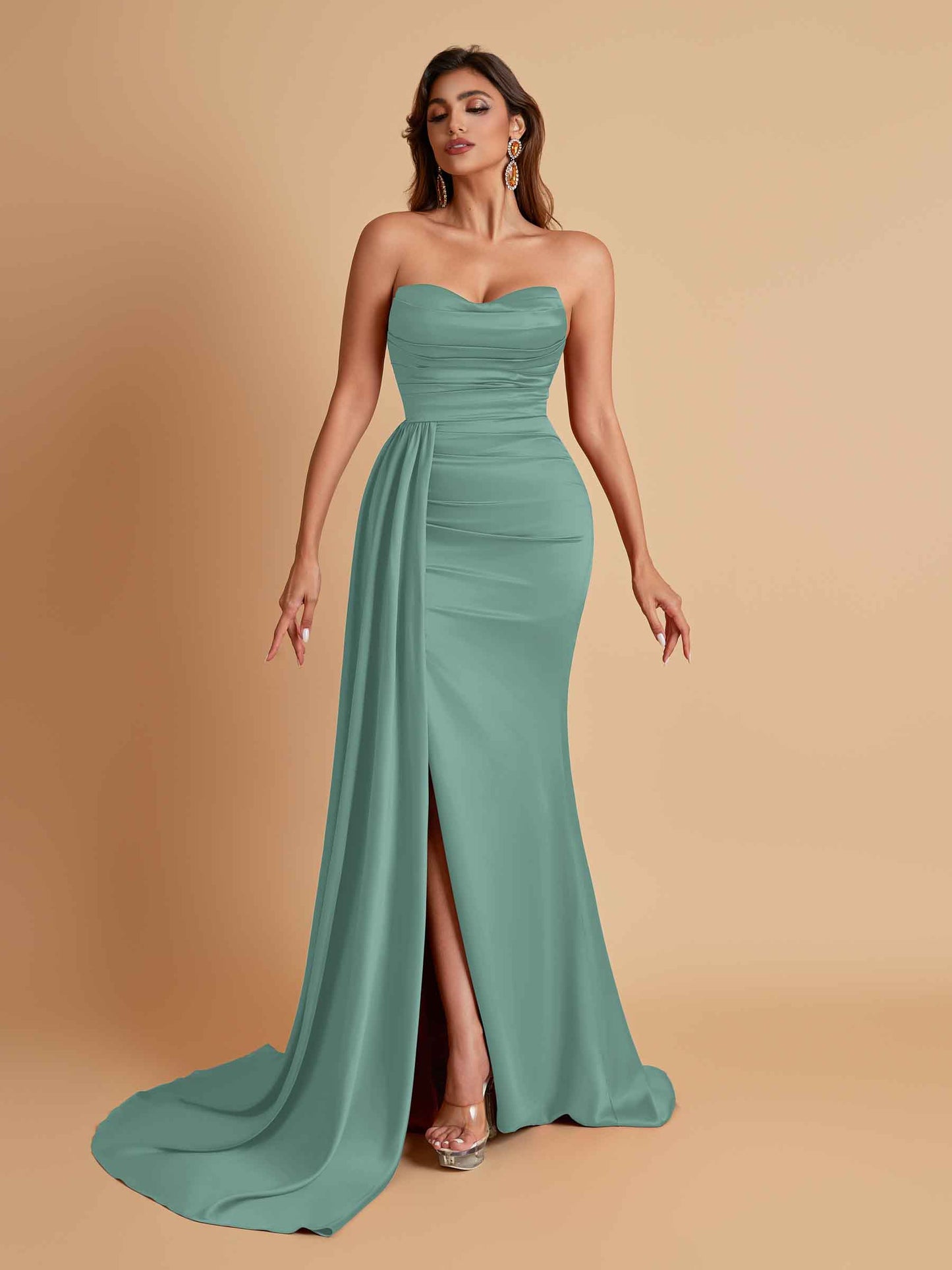 Elegant Soft Satin Sweetheart Strapless Side-Slit Mermaid Bridesmaid Dresses