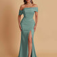 Elegant Soft Satin Mermaid Off Shoulder Asymmetrical Side Slit Floor-Length Bridesmaid Dresses