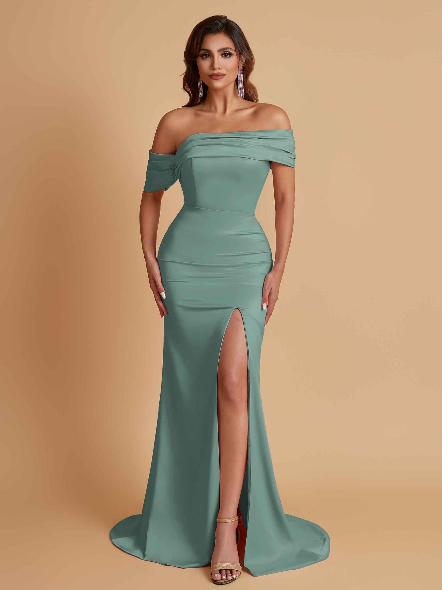 Elegant Soft Satin Mermaid Off Shoulder Asymmetrical Side Slit Floor-Length Bridesmaid Dresses