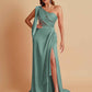 Sexy Soft Satin Mermaid One Shoulder Asymmetrical Side Slit Floor-Length Bridesmaid Dresses