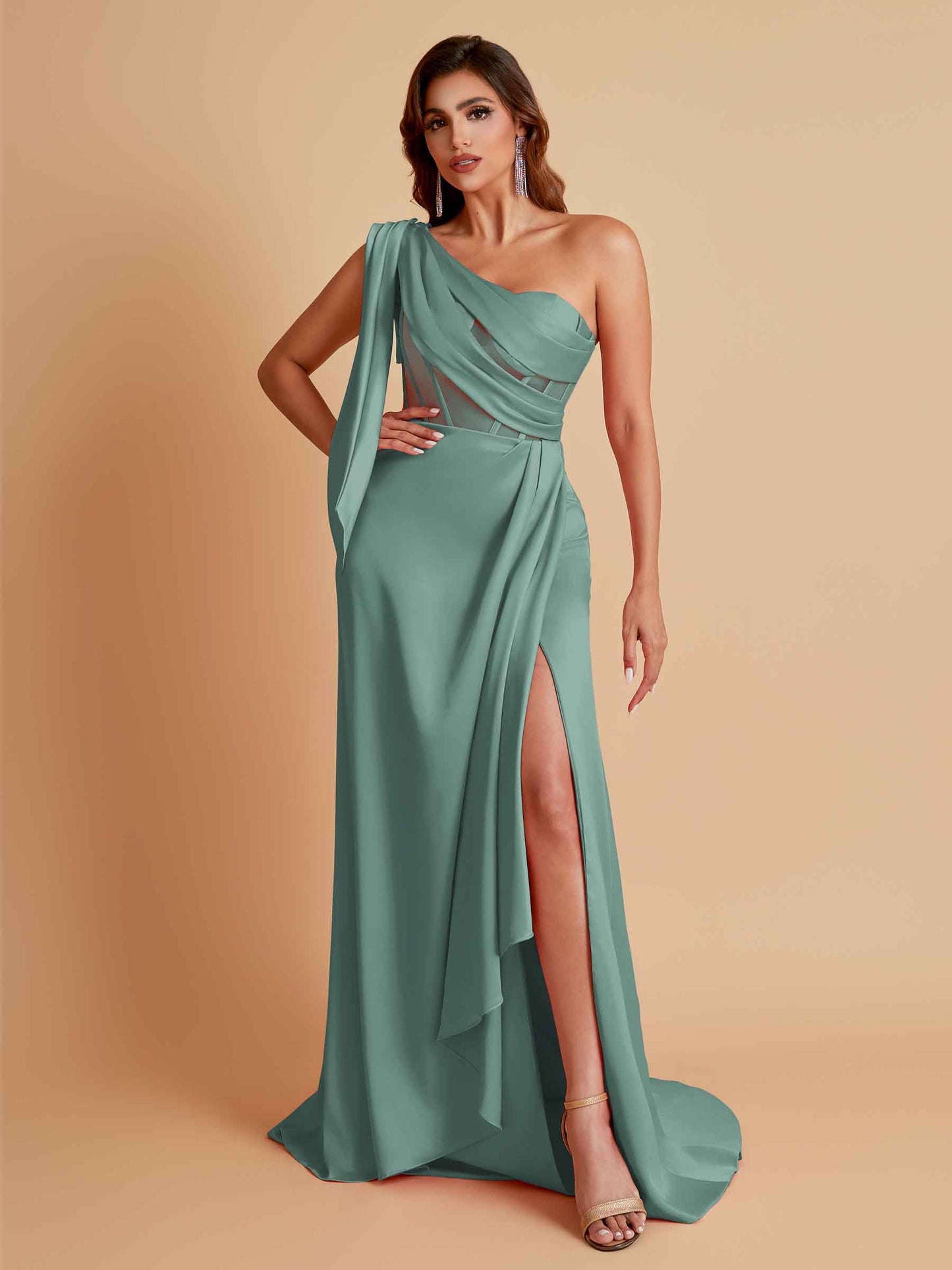 Sexy Soft Satin Mermaid One Shoulder Asymmetrical Side Slit Floor-Length Bridesmaid Dresses