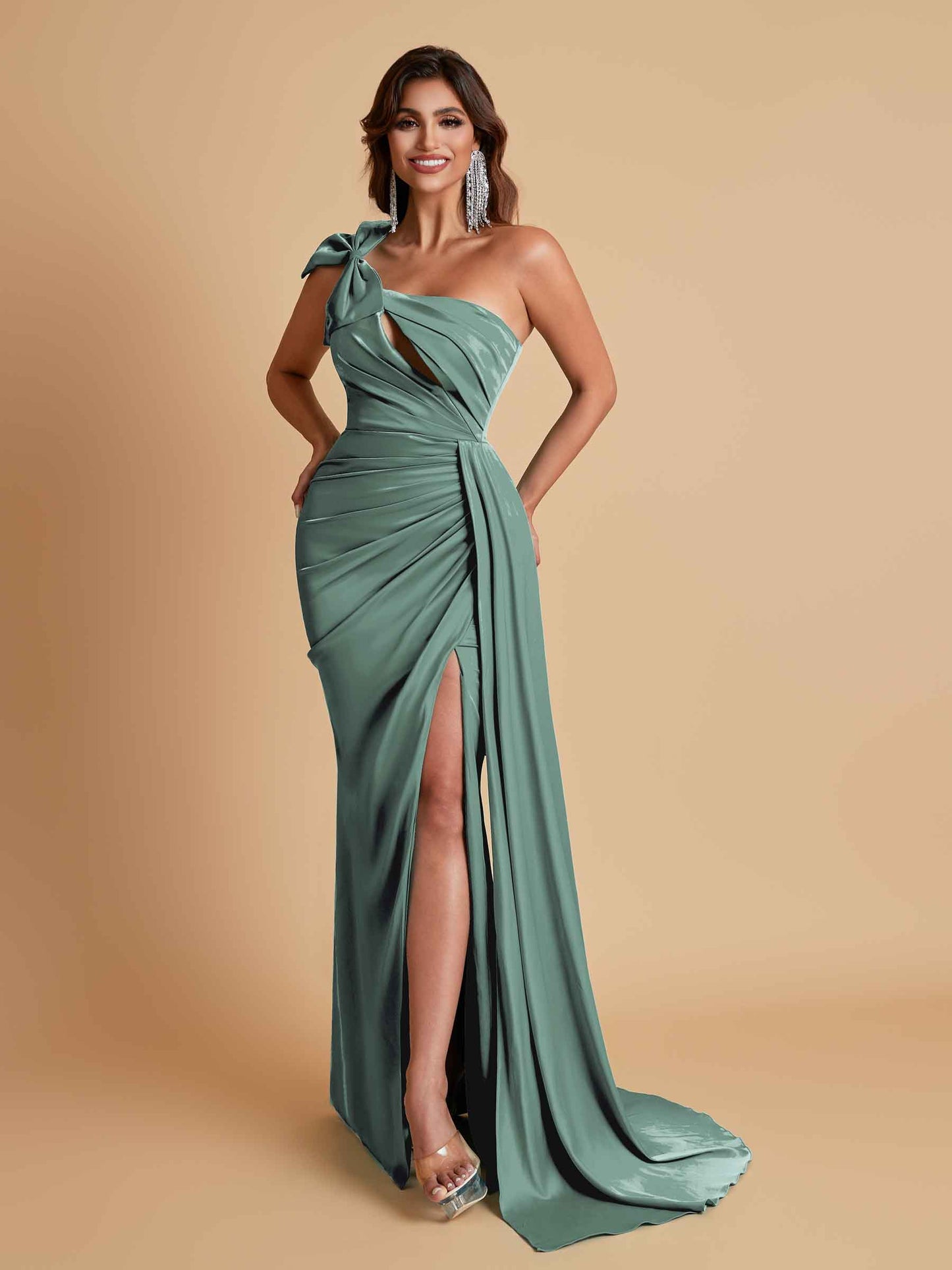 Gorgeous One Shoulder Bow Knot Soft Satin Side Slit Floor-Length Mermaid Bridesmaid Dresses