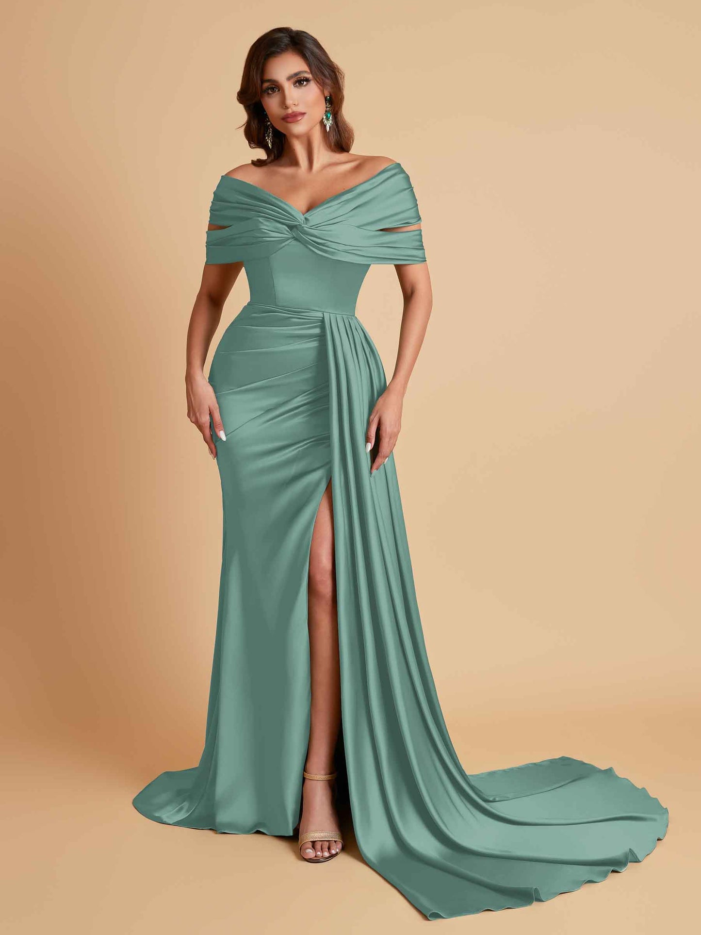 Elegant Soft Satin V-neck Off-the-Shoulder Side-Slit Mermaid Bridesmaid Dresses
