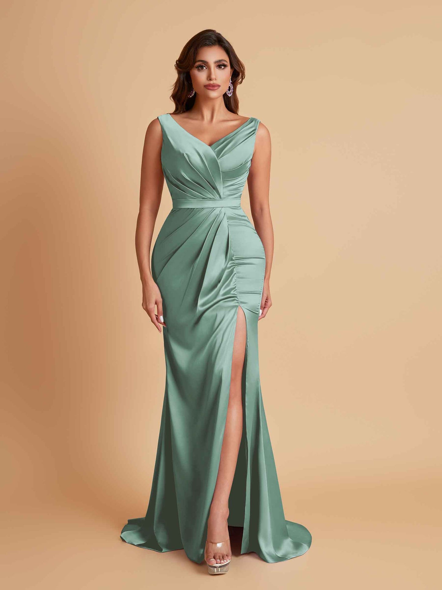 Elegant V Neck Soft Satin Side Slit Floor-Length Mermaid Bridesmaid Dresses