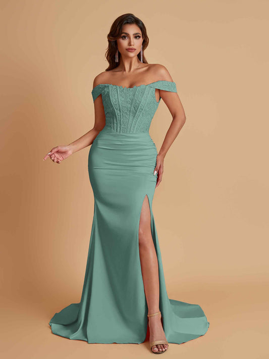 Elegant Soft Satin Mermaid Off Shoulder Side Slit Floor-Length Mermaid Bridesmaid Dresses