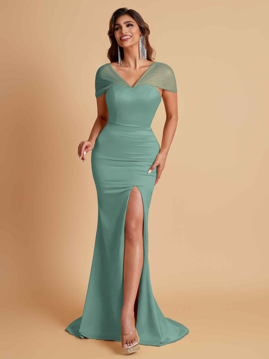 Sexy Soft Satin Mermaid V-neck Floor-Length Mermaid Bridesmaid Dresses