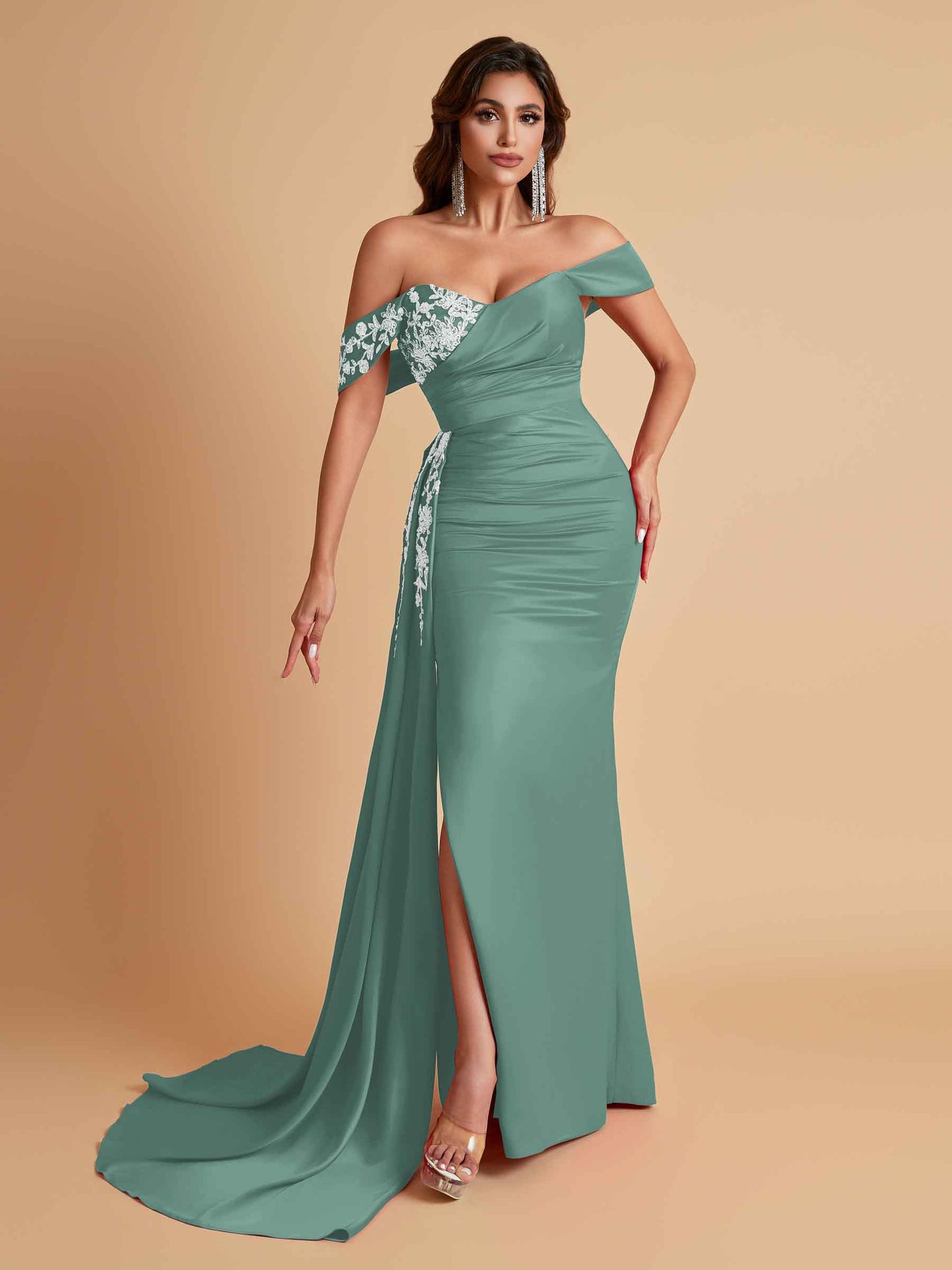 Elegant Soft Satin Mermaid Off Shoulder Floor-Length Mermaid Bridesmaid Dresses