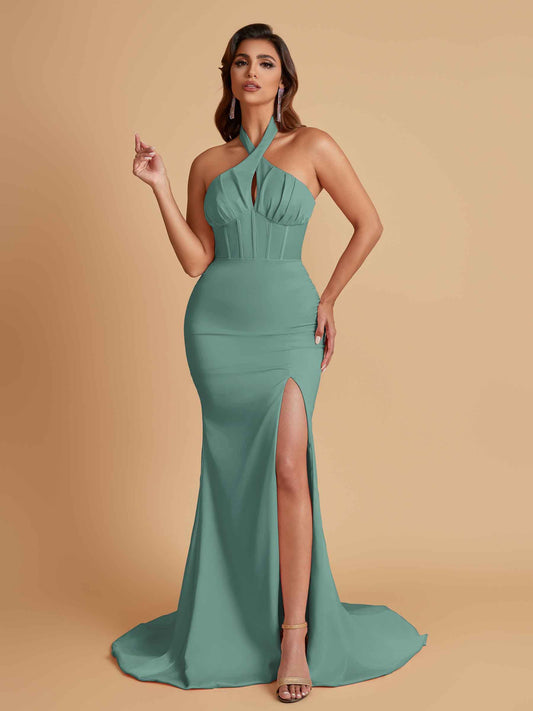 Elegant Soft Satin Mermaid Halter Side Slit Floor-Length Bridesmaid Dresses Online