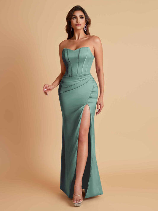 Sexy Strapless Soft Satin Side Slit Floor-Length Mermaid Bridesmaid Dresses