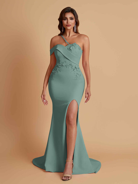 Sexy Soft Satin Mermaid One Shoulder Asymmetrical Side Slit Floor-Length Bridesmaid Dresses