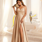 Satin A-line Long Bridesmaid Dresses Spaghetti Straps V-neck Side Slit Floor Length