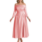Off Shoulder Mother of the Bride Dress Tea-Length Satin Gown with Lace Applique