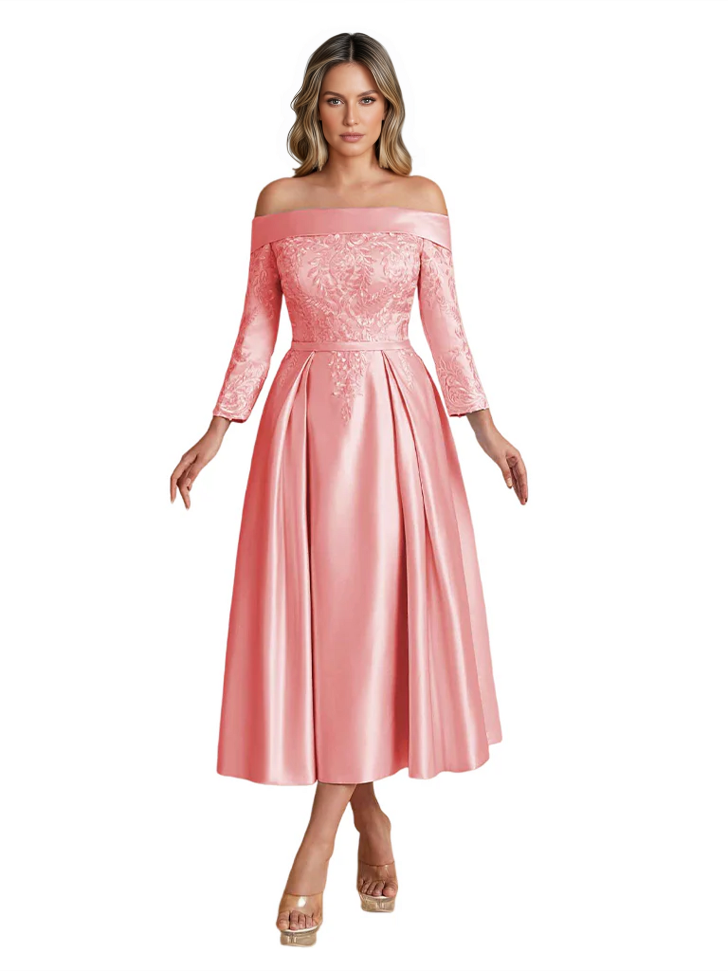 Off Shoulder Mother of the Bride Dress Tea-Length Satin Gown with Lace Applique