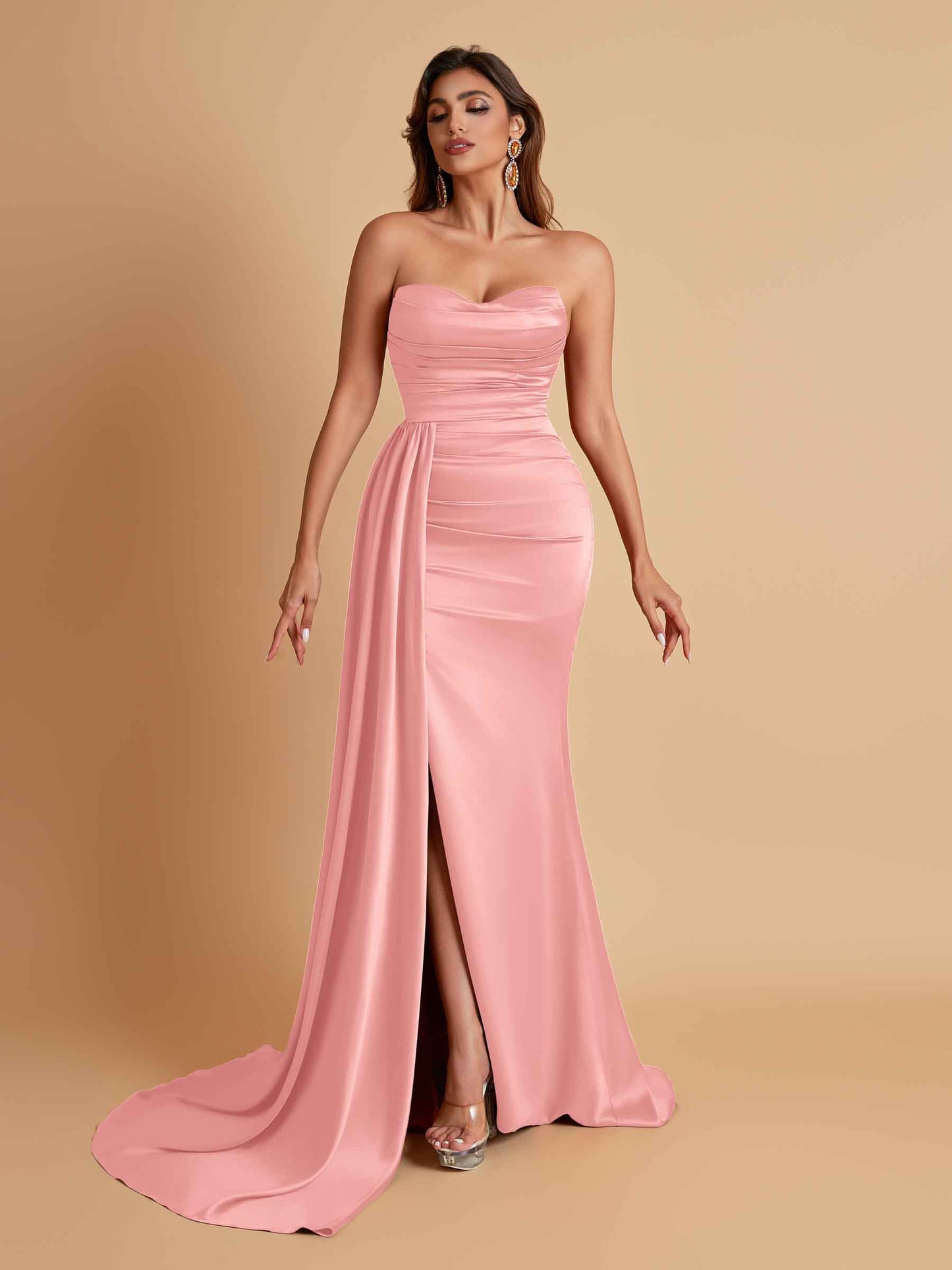 Elegant Soft Satin Sweetheart Strapless Side-Slit Mermaid Bridesmaid Dresses