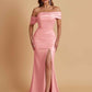 Elegant Soft Satin Mermaid Off Shoulder Asymmetrical Side Slit Floor-Length Bridesmaid Dresses