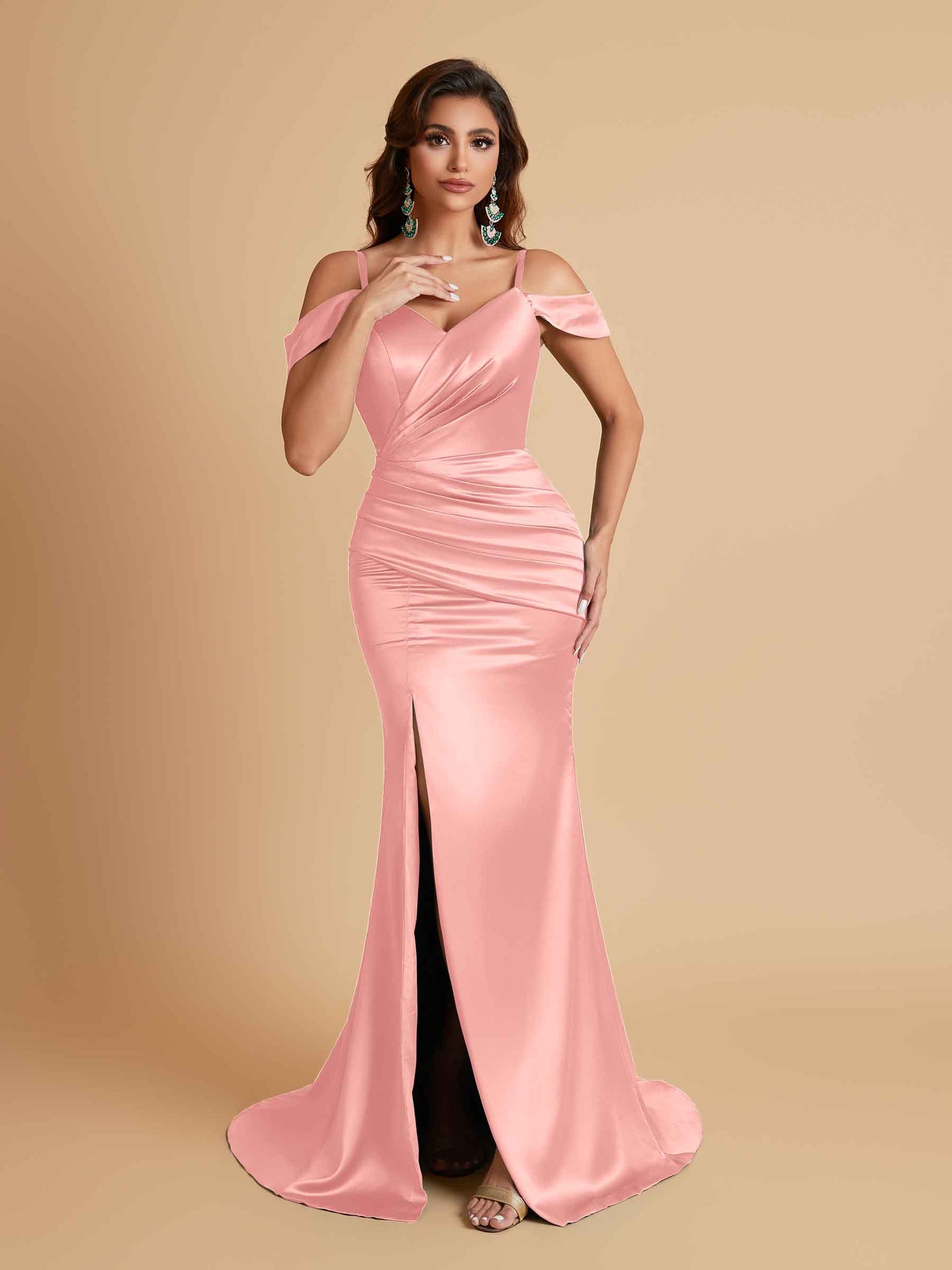 Sexy Soft Satin Mermaid Off Shoulder Side Slit Floor-Length Mermaid Bridesmaid Dresses