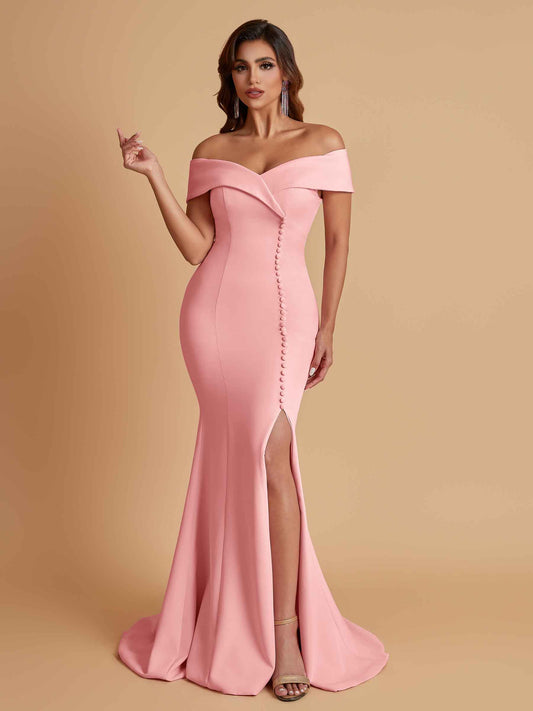 Elegant Soft Satin Mermaid Off Shoulder Side Slit Floor-Length Bridesmaid Dresses