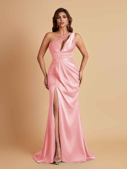 Sexy One Shoulder Soft Satin Side Slit Floor-Length Mermaid Bridesmaid Dresses