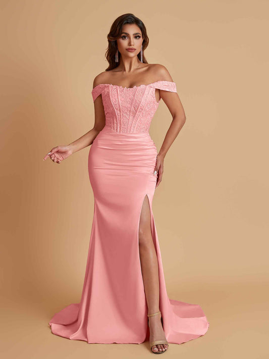 Elegant Soft Satin Mermaid Off Shoulder Side Slit Floor-Length Mermaid Bridesmaid Dresses