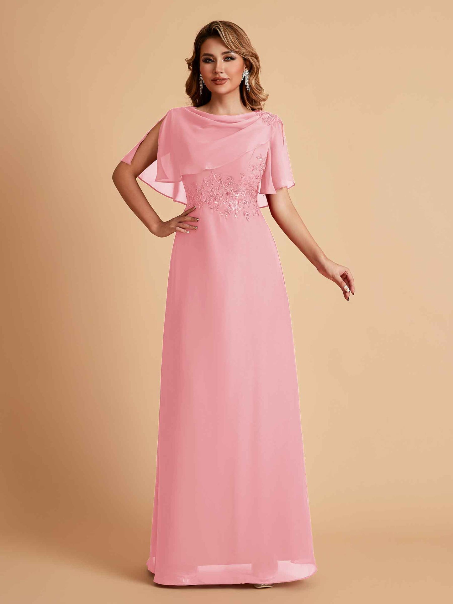 Elegant A-Line Chiffon Half Sleeves Jewel Mother of the Brides Dresses Online