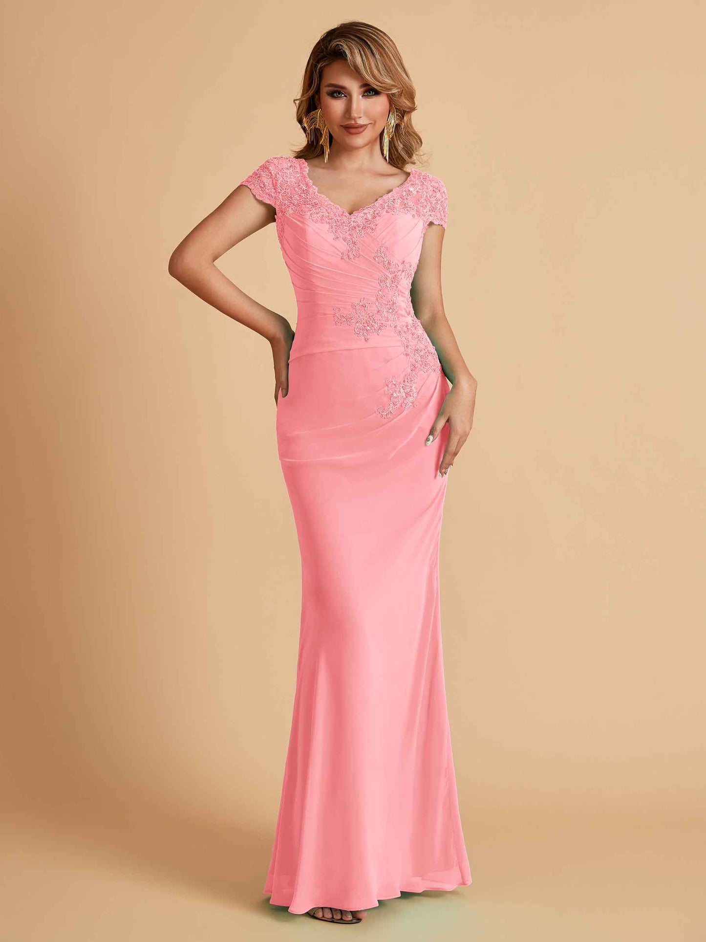 Elegant Mermaid Chiffon Cap Sleeves V-Neck Mother of the Brides Dresses Online