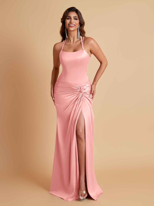 Gorgeous Square Criss Cross Soft Satin Side Slit Floor-Length Mermaid Bridesmaid Dresses