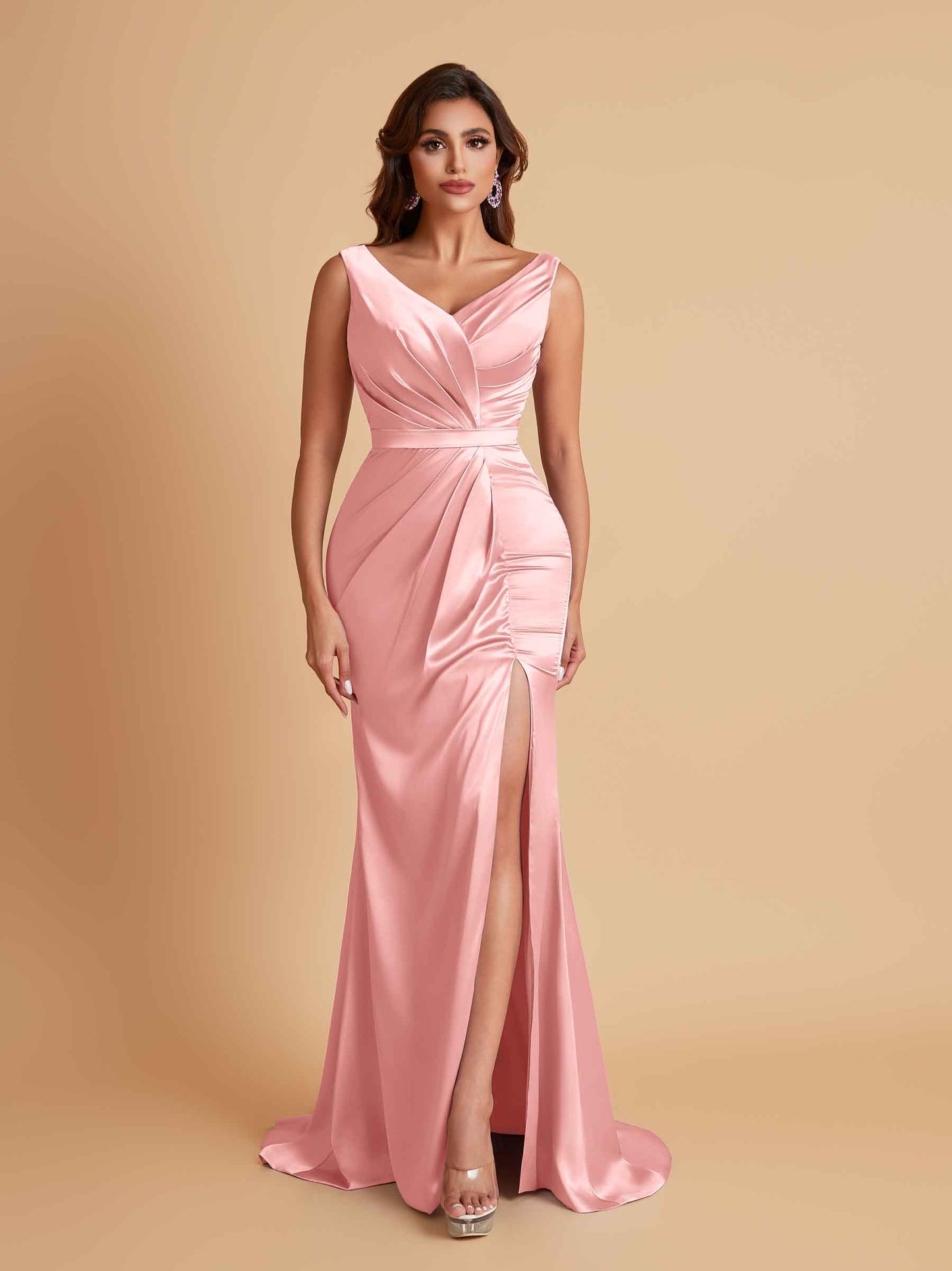 Elegant V Neck Soft Satin Side Slit Floor-Length Mermaid Bridesmaid Dresses