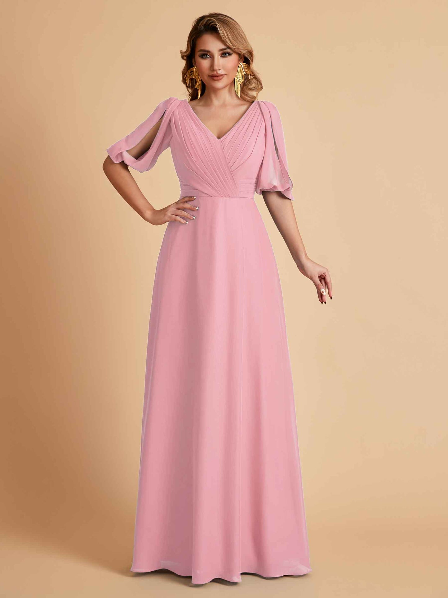 Elegant A-Line Chiffon Half Sleeves V-Neck Mother of the Brides Dresses Online