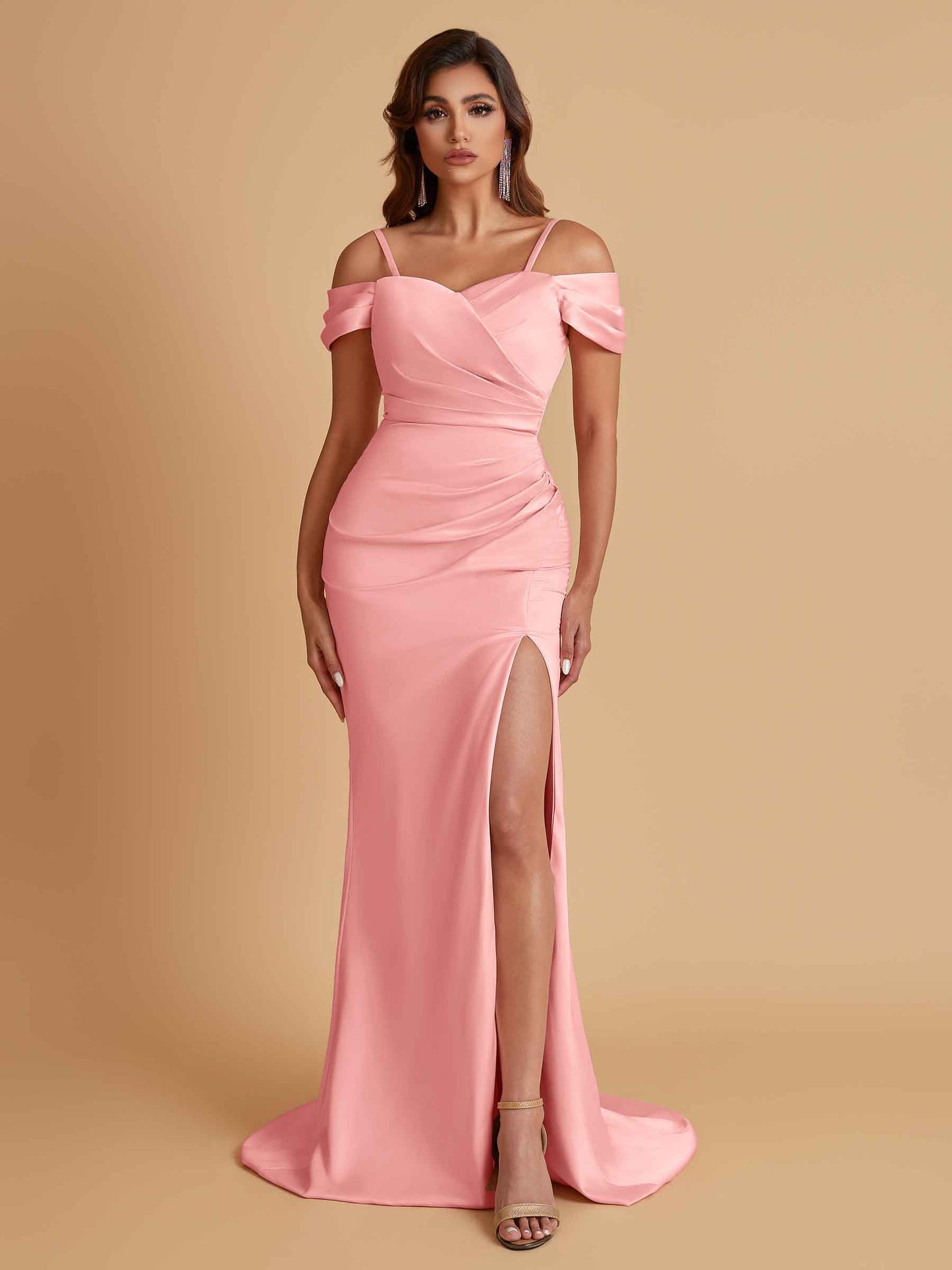 Sexy Soft Satin Mermaid Cold Shoulder Side Slit Floor-Length Bridesmaid Dresses Online