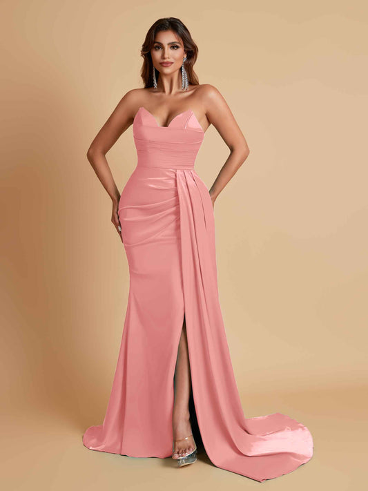 Gorgeous Strapless Soft Satin Side Slit Floor-Length Mermaid Bridesmaid Dresses