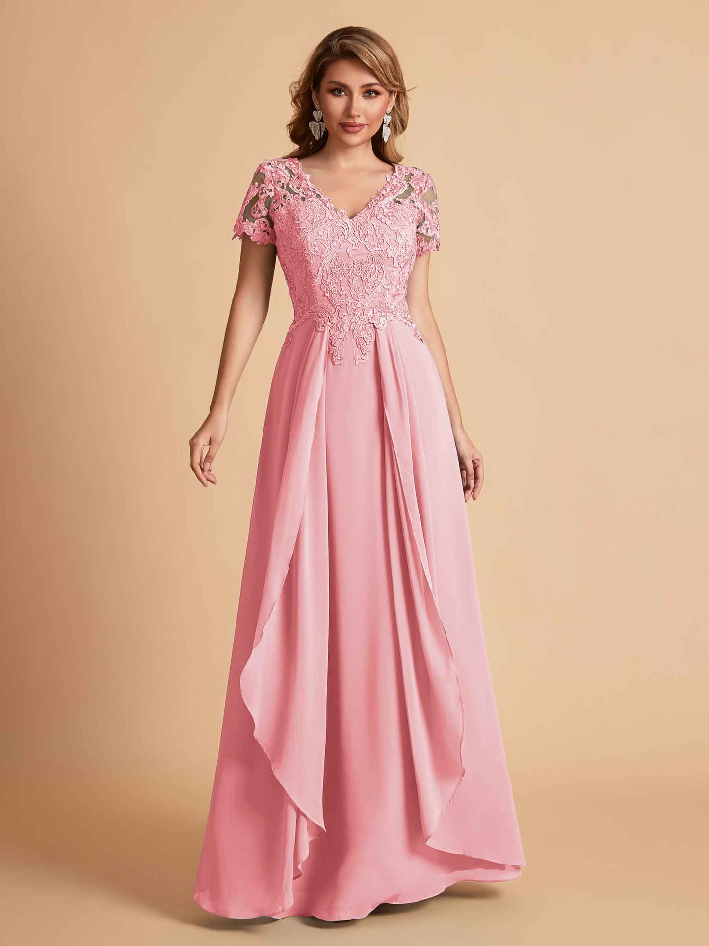 Elegant A-Line Chiffon Short Sleeves V-neck Mother of the Brides Dresses Lace Top MOB Dresses