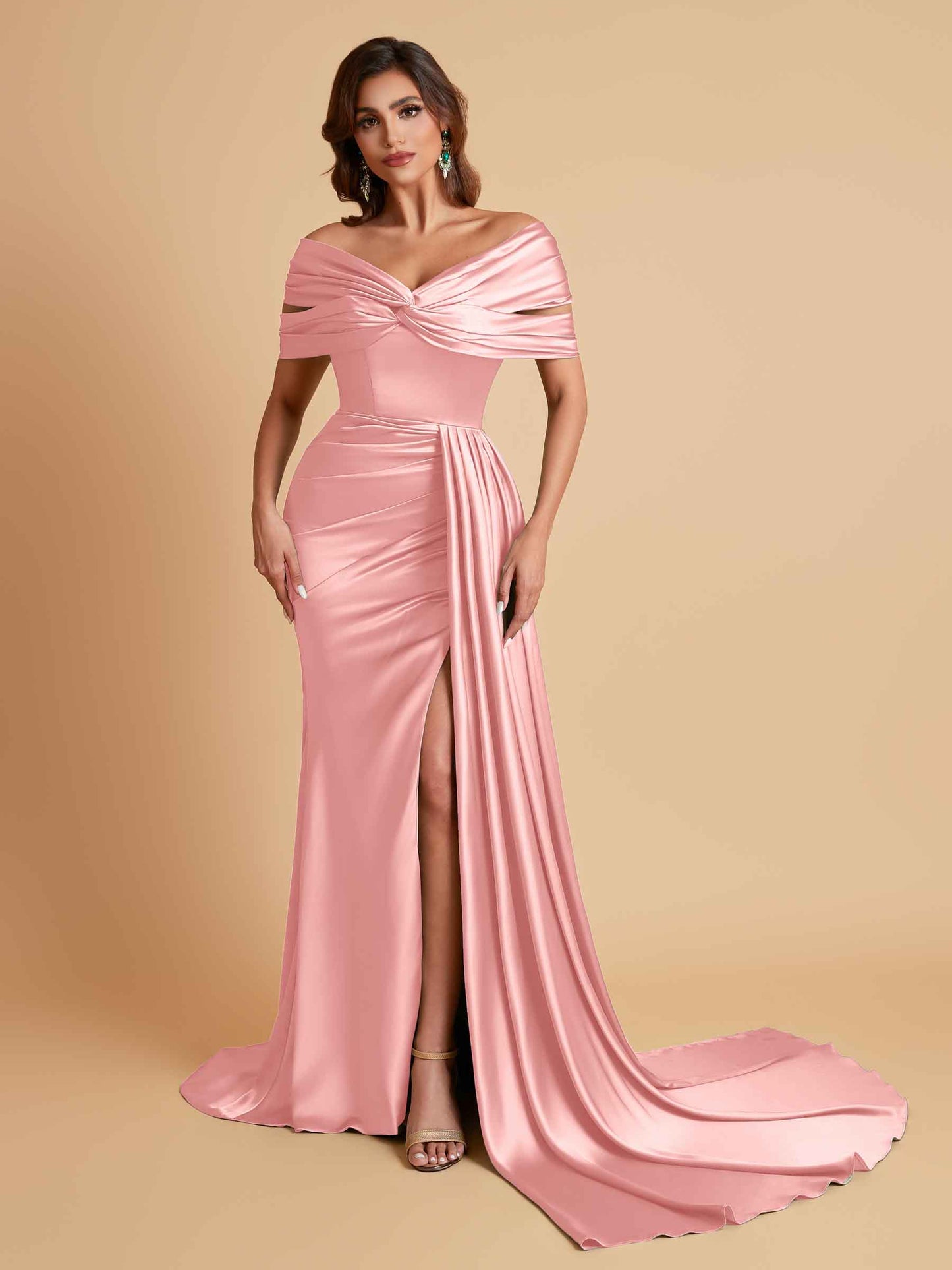 Elegant Soft Satin V-neck Off-the-Shoulder Side-Slit Mermaid Bridesmaid Dresses