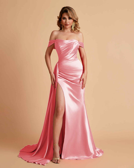 Satin Mermaid Off Shoulder Bridesmaid Dresses Sweetheart Floor Length with Train