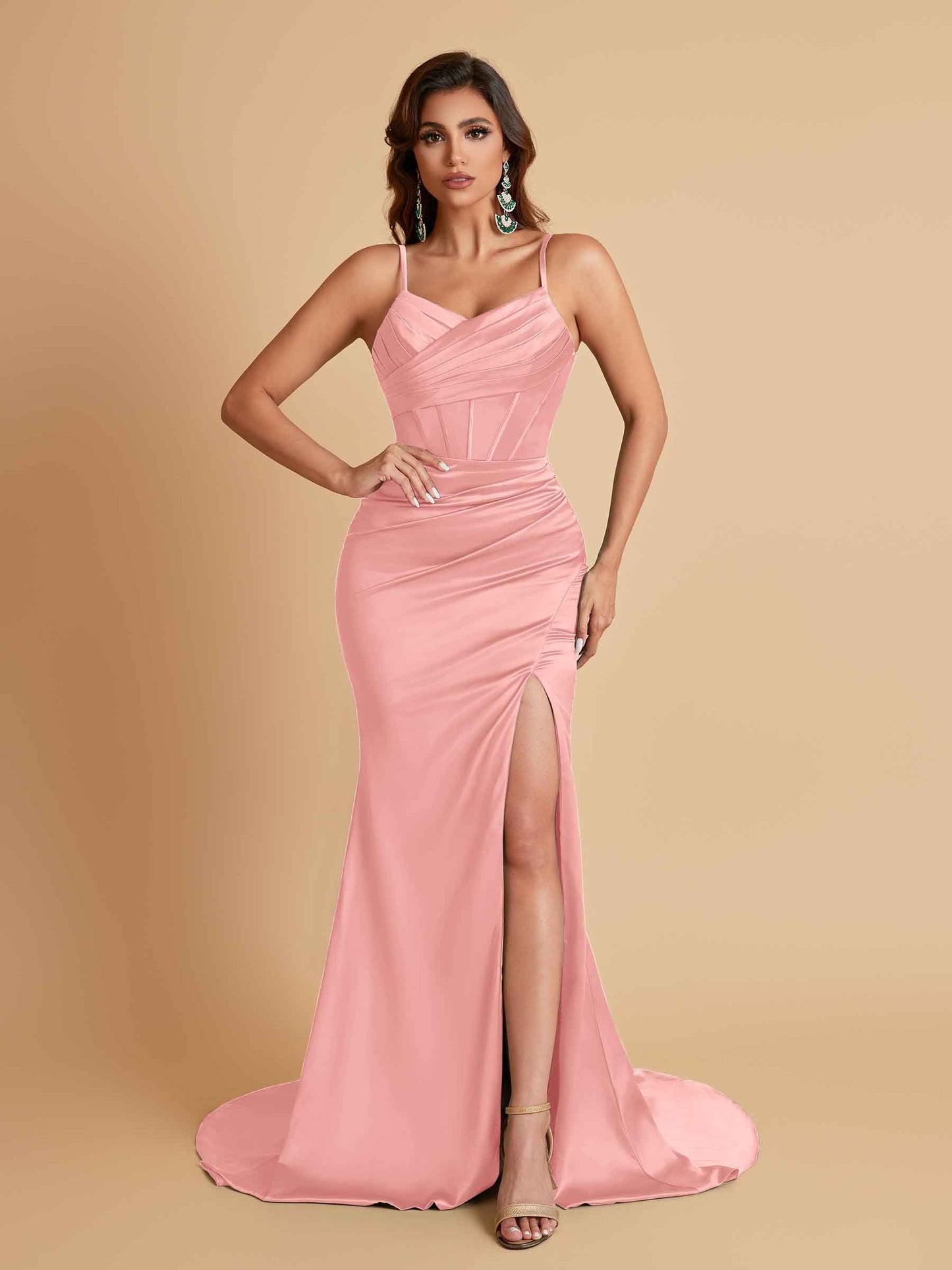 Sexy Spaghetti Straps V Neck Soft Satin Side Slit Floor-Length Mermaid Bridesmaid Dresses