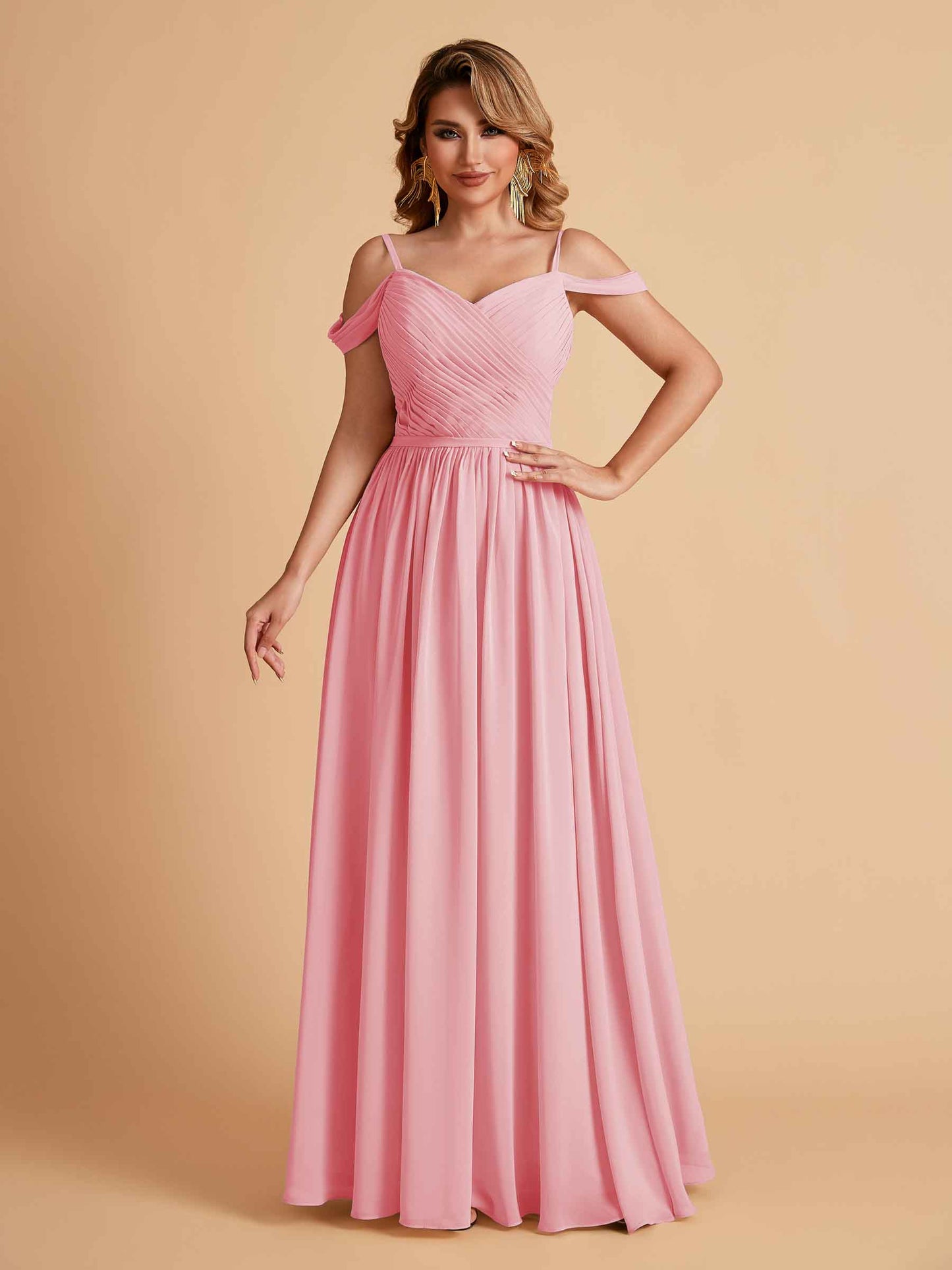 Elegant A-line Chiffon Off The Shoulder V-Neck Bridesmaid Dresses Online