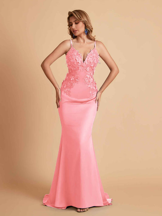 Sexy Satin Spaghetti Straps V-neck Mermaid Floor Length Applique Bridesmaid Dresses