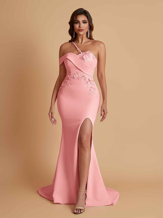 Sexy Soft Satin Mermaid One Shoulder Asymmetrical Side Slit Floor-Length Bridesmaid Dresses