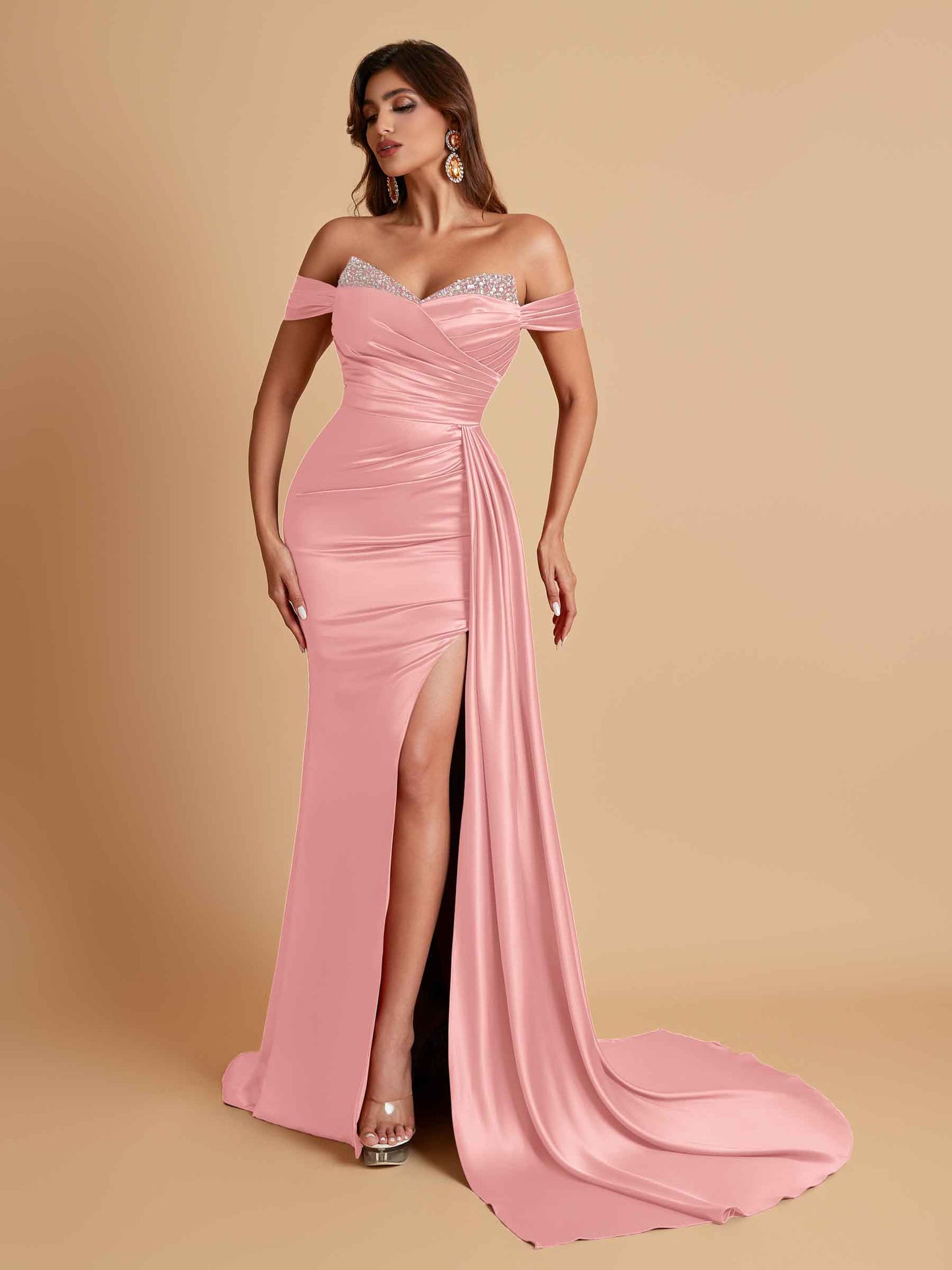 Gorgeous Soft Satin V-neck Off-the-Shoulder Side-Slit Mermaid Bridesmaid Dresses