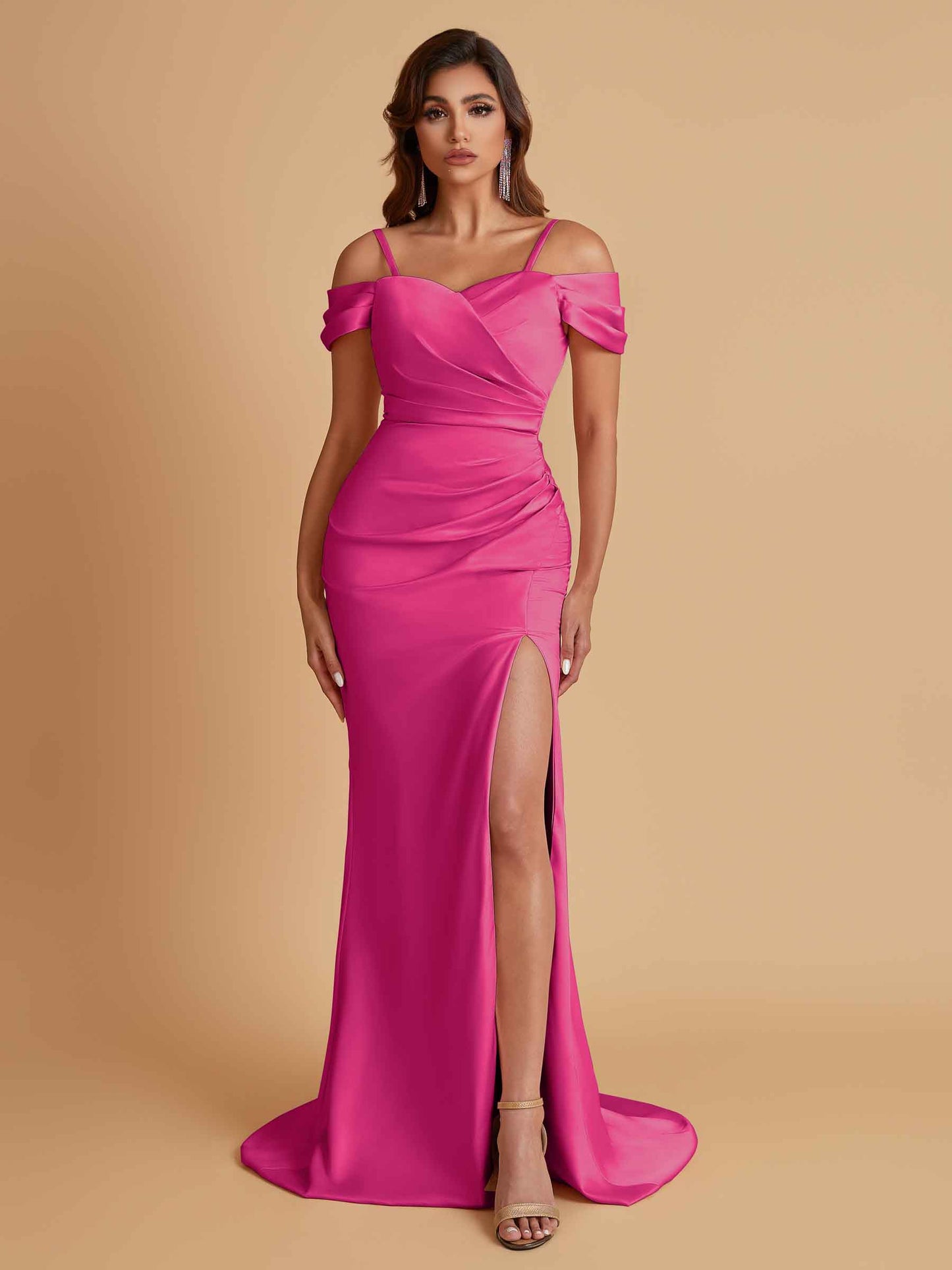 Sexy Soft Satin Mermaid Cold Shoulder Side Slit Floor-Length Bridesmaid Dresses Online