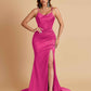 Sexy Spaghetti Straps V Neck Soft Satin Side Slit Floor-Length Mermaid Bridesmaid Dresses
