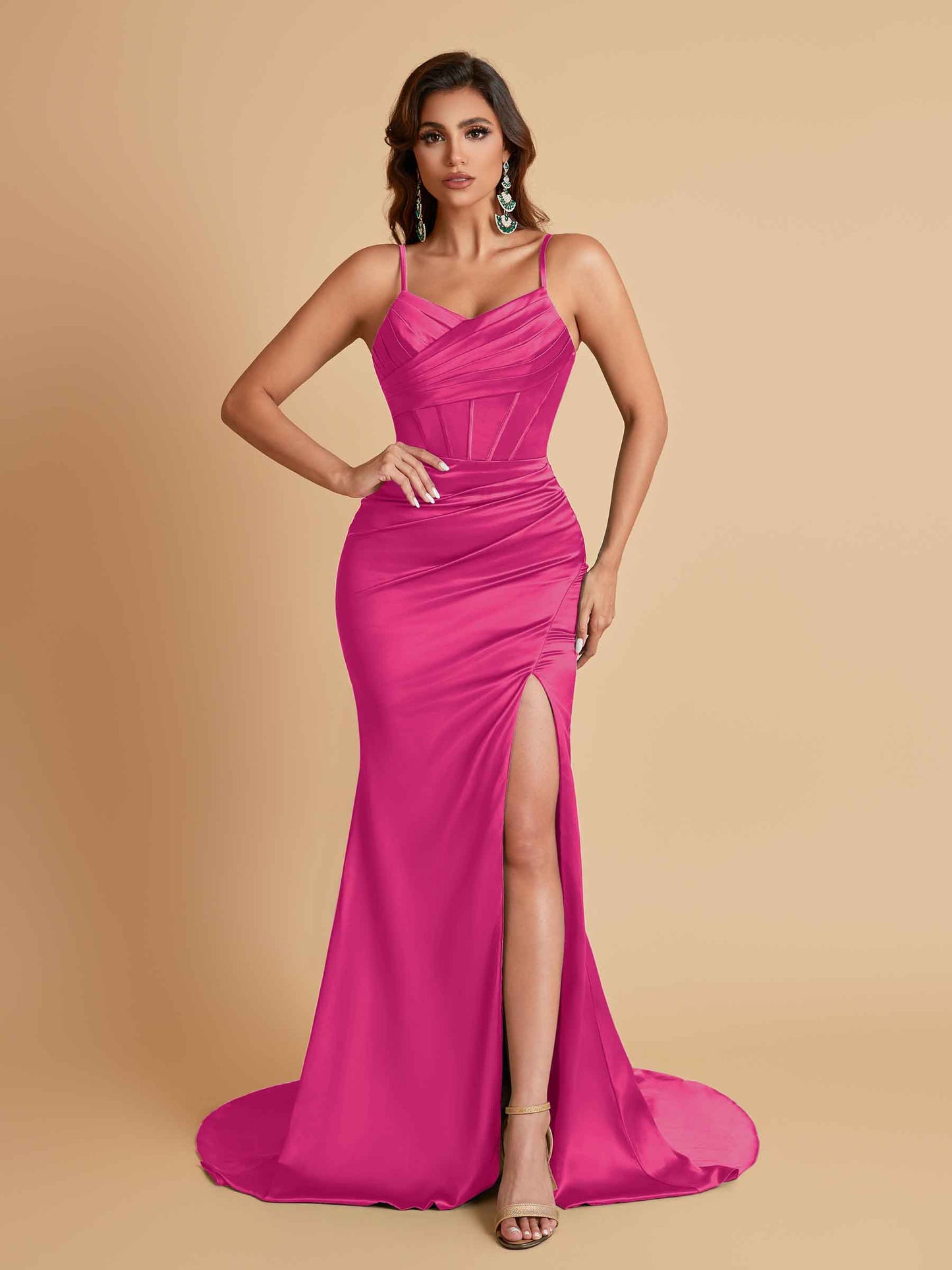 Sexy Spaghetti Straps V Neck Soft Satin Side Slit Floor-Length Mermaid Bridesmaid Dresses