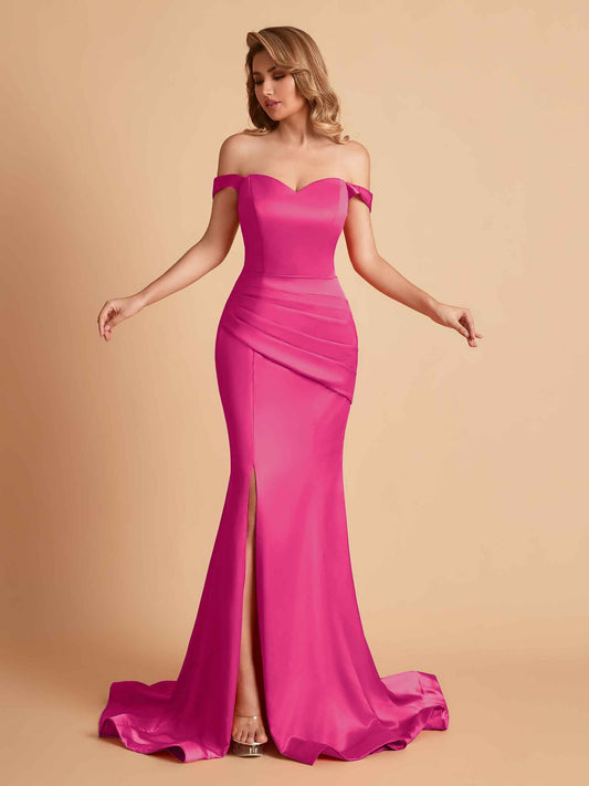 Elegant Satin Off the Shoulder Mermaid Side Slit Floor Length Bridesmaid Dresses