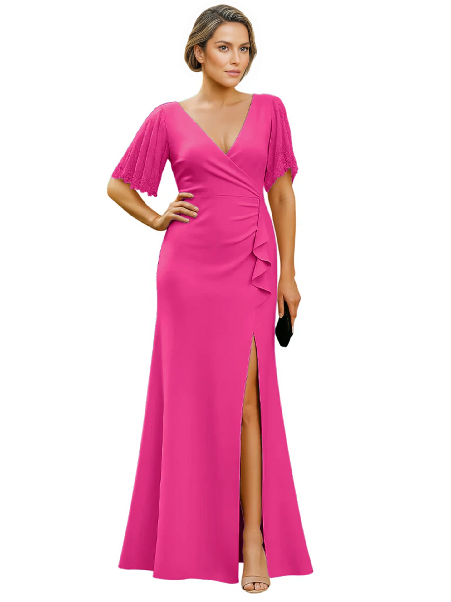 Elegant Evening Gown Trending V-Neck & Ruffle Detail Mother of Bride Outfits Slit