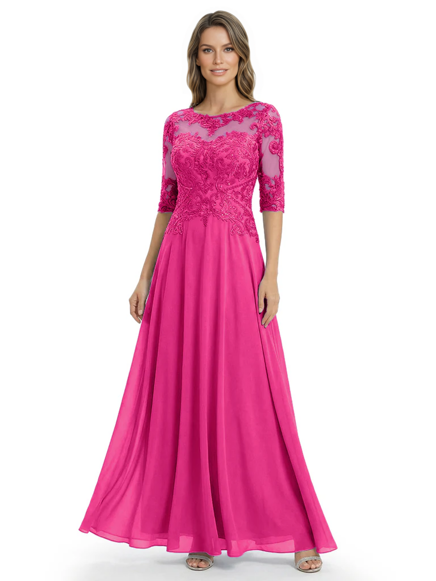 Illusion Neck Mother of the Bride Dress Half Sleeve Lace Applique Gowns Chiffon