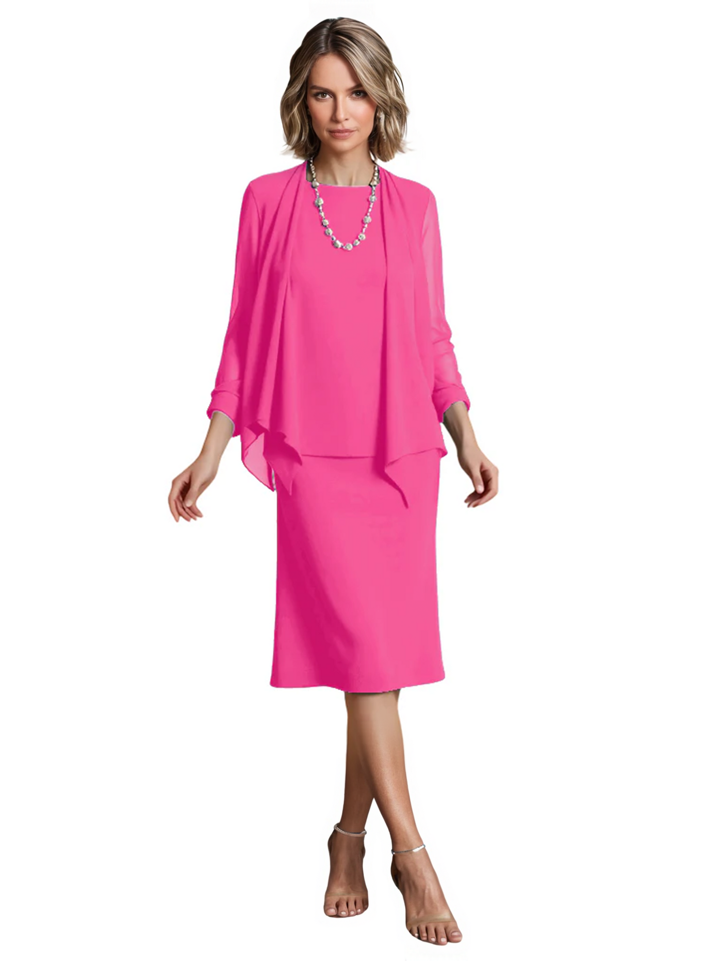 3 PCS Knee-Length Mother of Bride Dresses Prom Dress Evening Dress with Sheer Sleeves and Jacket