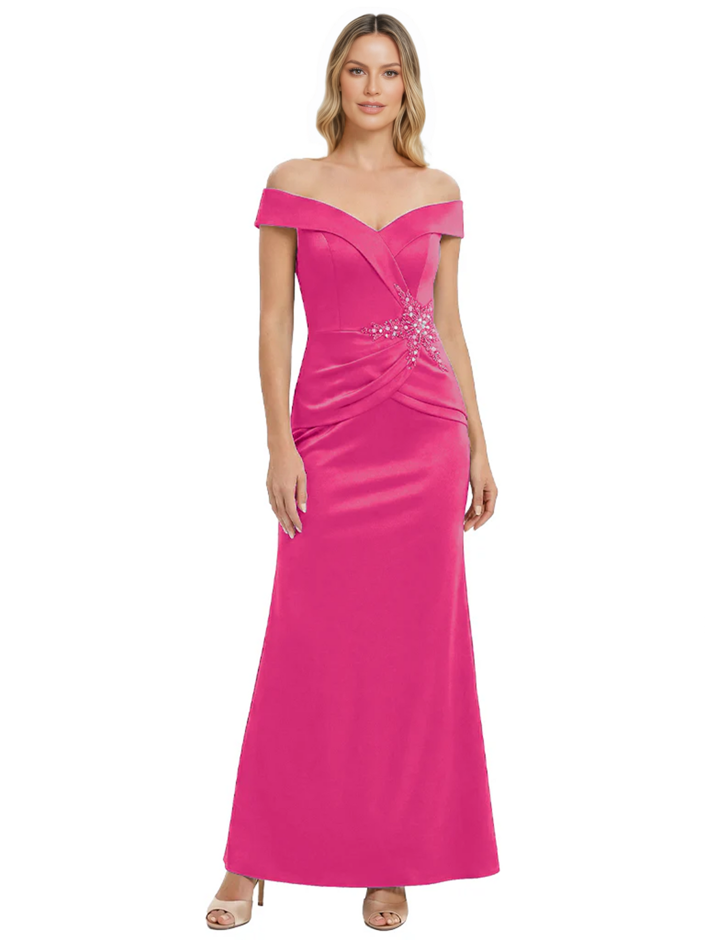 Off Shoulder Mother of the Bride Dress Beaded Waist Satin Gown Portrait Neckline